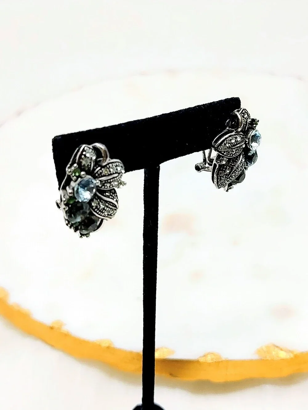 Lovely Vintage Marcasite Statement Earrings With Blue And Green Crystal Accents